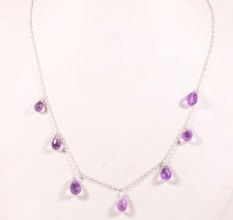 Handmade Pure 925 Sterling Silver Necklace with Amethyst Drop Pendant for Women